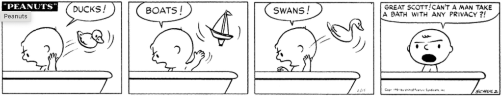 Charlie Brown, taking a bath, tosses toy after toy out of the tub with a look of disgust. "Ducks! Boats! Swans! Great Scott! Can't a man take a bath with any privacy?!"