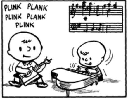 Charlie Brown accompanying Schroeder on a homemade banjo