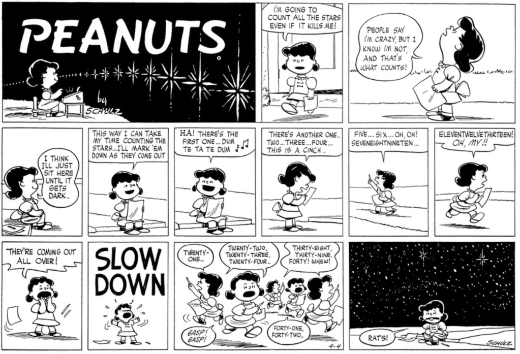 A Sunday strip. In the title panel, Lucy sits at what looks to be an adding machine, smiling as a procession of brilliant stars rolls by in front of her. "I'm going to count all the stars even if it kills me!" she says, walking outside with a sheet of paper. "People say I'm crazy, but I know I'm not, and that's what it counts!" Over the next few panels, Lucy sits on the curb happily, "mark[ing] 'em down as they come out." Soon, however, they're appearing too fast: "Eleventwelvethirteen! Oh, my! They're coming out all over! SLOW DOWN" Lucy runs around panting, counting desperately. In the final panel, she sits on the curb exhausted in front of a dazzling starry sky. "Rats!"