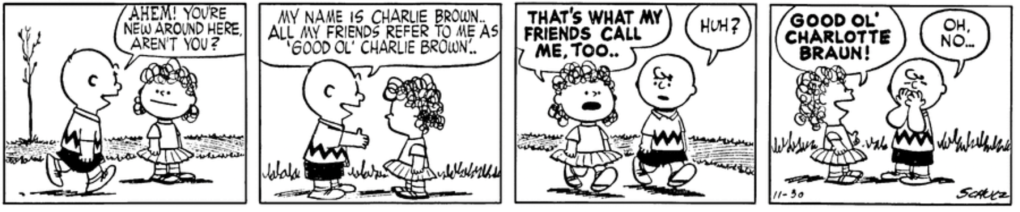 Charlie Brown approaches a curly-haired girl on the sidewalk: "Ahem! You're new around here, aren't you? My name is Charlie Brown.. All my friends refer to me as 'good ol' Charlie Brown,'" he says, extending a hand. "THAT'S WHAT MY FRIENDS CALL ME, TOO" the girl says, loudly but blandly: "GOOD OL' CHARLOTTE BRAUN!" Charlie Brown covers his mouth despairingly: "Oh, no..." 