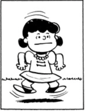 Lucy hops up and down awkwardly with a determined expression.