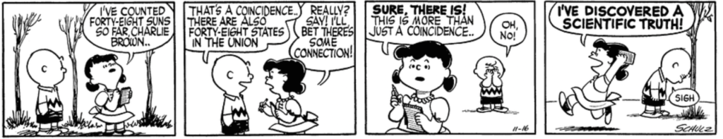 "I've counted 48 suns so far, Charlie Brown," Lucy says. "That's a coincidence... There are also 48 states in the union," Charlie Brown says, looking amused. "Really? Say!" says Lucy. "I bet there's some connection! Sure, there is! This is more than just a coincidence ..." (In the background, Charlie Brown puts his head in his hands: "Oh, no!") Lucy, triumphant: "I've discovered a scientific truth!" Charlie Brown sighs, resting his head against a tree.